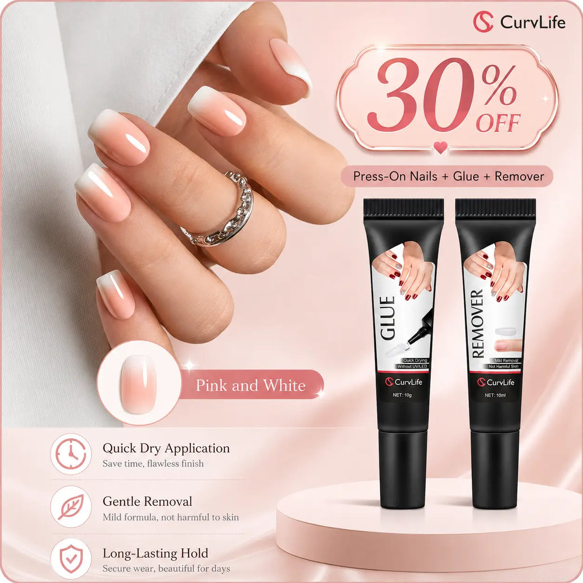 Semi-Solid Nail Glue & Remover Kit | 10-Second Quick Dry, No UV Lamp, Press-On Nails & Acrylic Tips