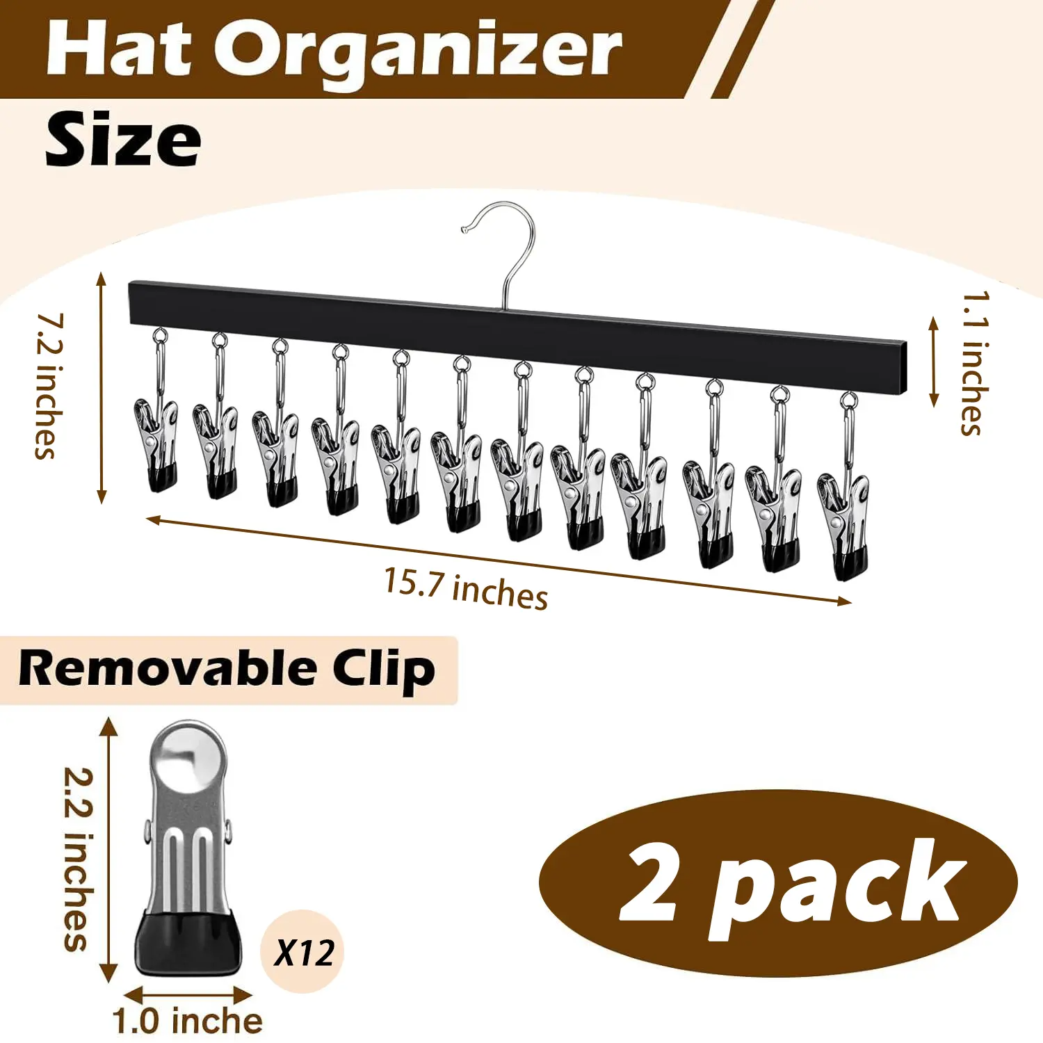 Wooden Hat Organizer with Stainless Steel Clips – Multi-Pack for Baseball Caps, Jeans & Yoga Pants