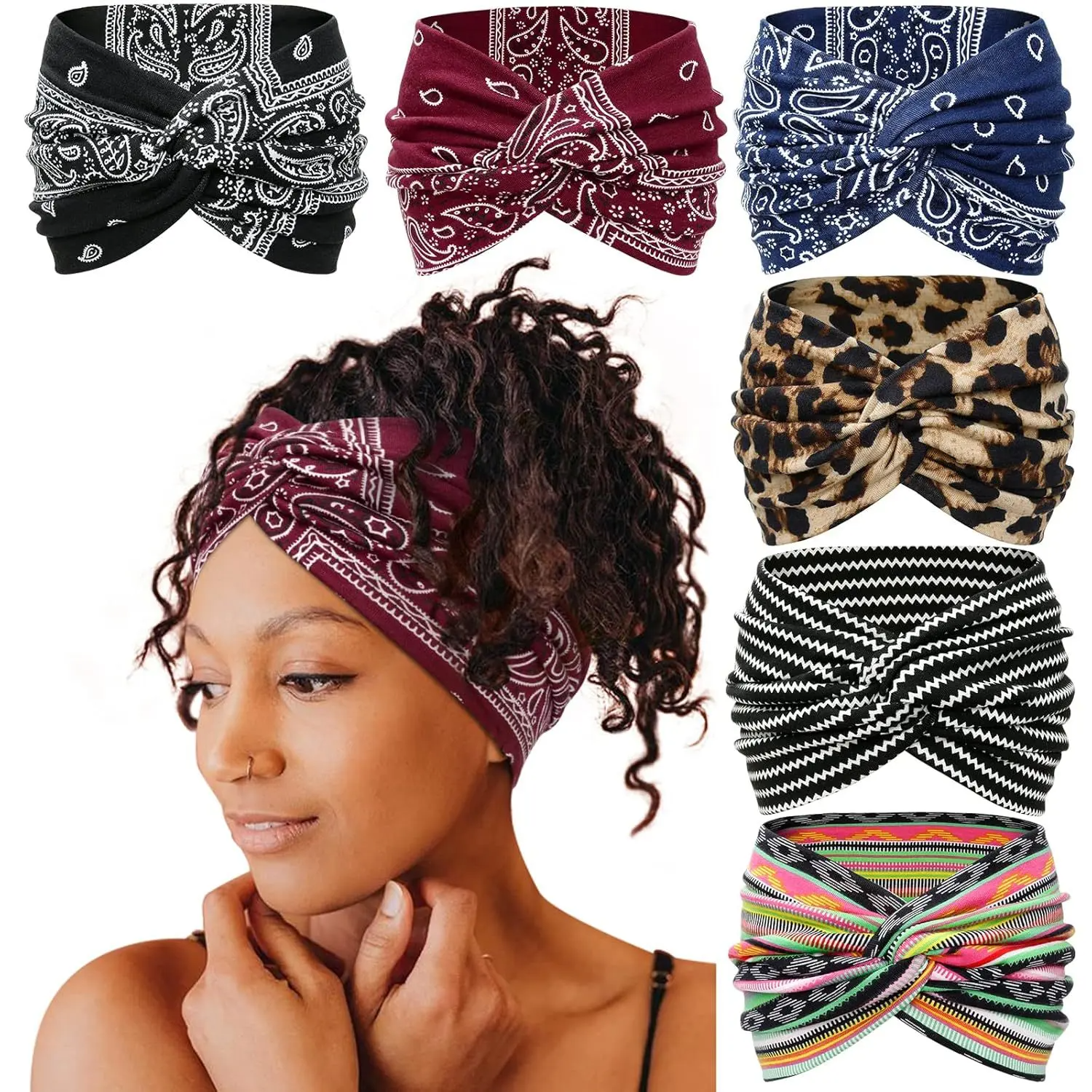 6-Pack Boho Wide Headbands for Women – Stretchy Non-Slip Workout & Yoga Hair Wraps