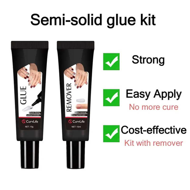 Semi-Solid Nail Glue & Remover Kit | 10-Second Quick Dry, No UV Lamp, Press-On Nails & Acrylic Tips