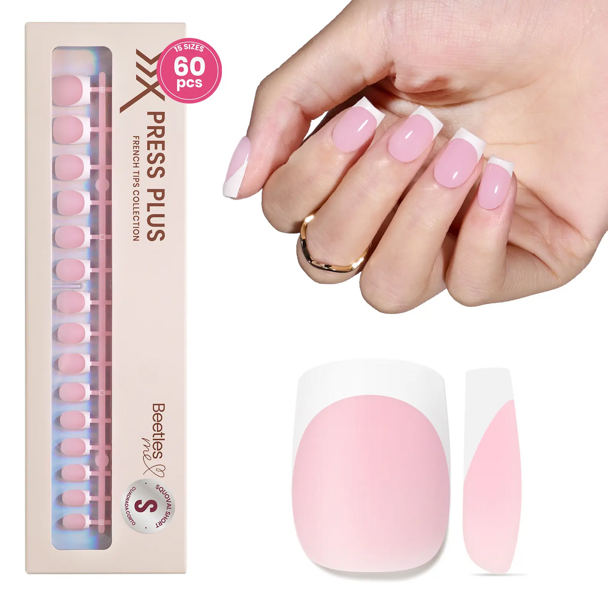 Beetles French Tip Square Press-On Nails, 60-Piece Set