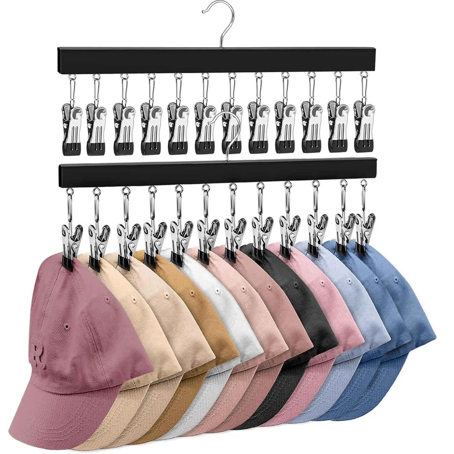 Wooden Hat Organizer with Stainless Steel Clips – Multi-Pack for Baseball Caps, Jeans & Yoga Pants