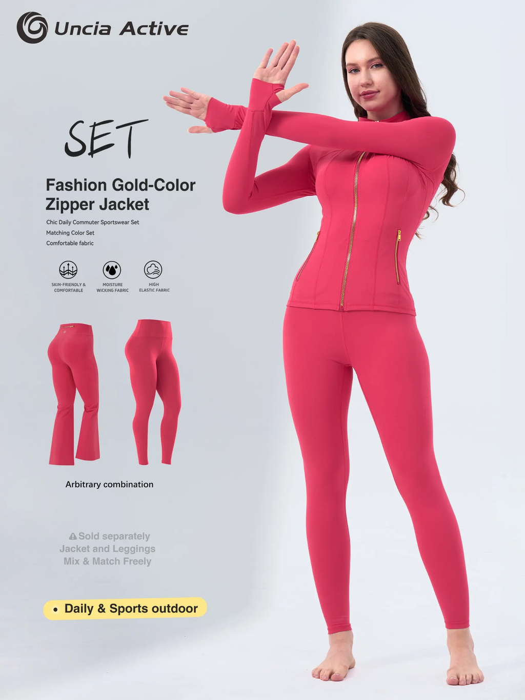 Women's Soft Brushed Sporty Tracksuit Set | Gold Zipper Jacket & 25'' Inseam Leggings with Thumbholes
