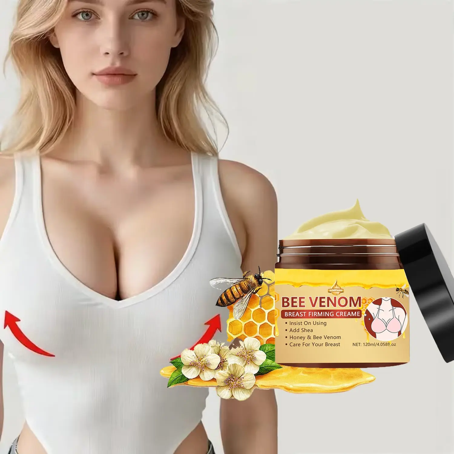 Nourishing Chest and Body Lotion with Shea Butter and Bee Venom Extract, Massage Cream Moisturizer for Women, 120 ml
