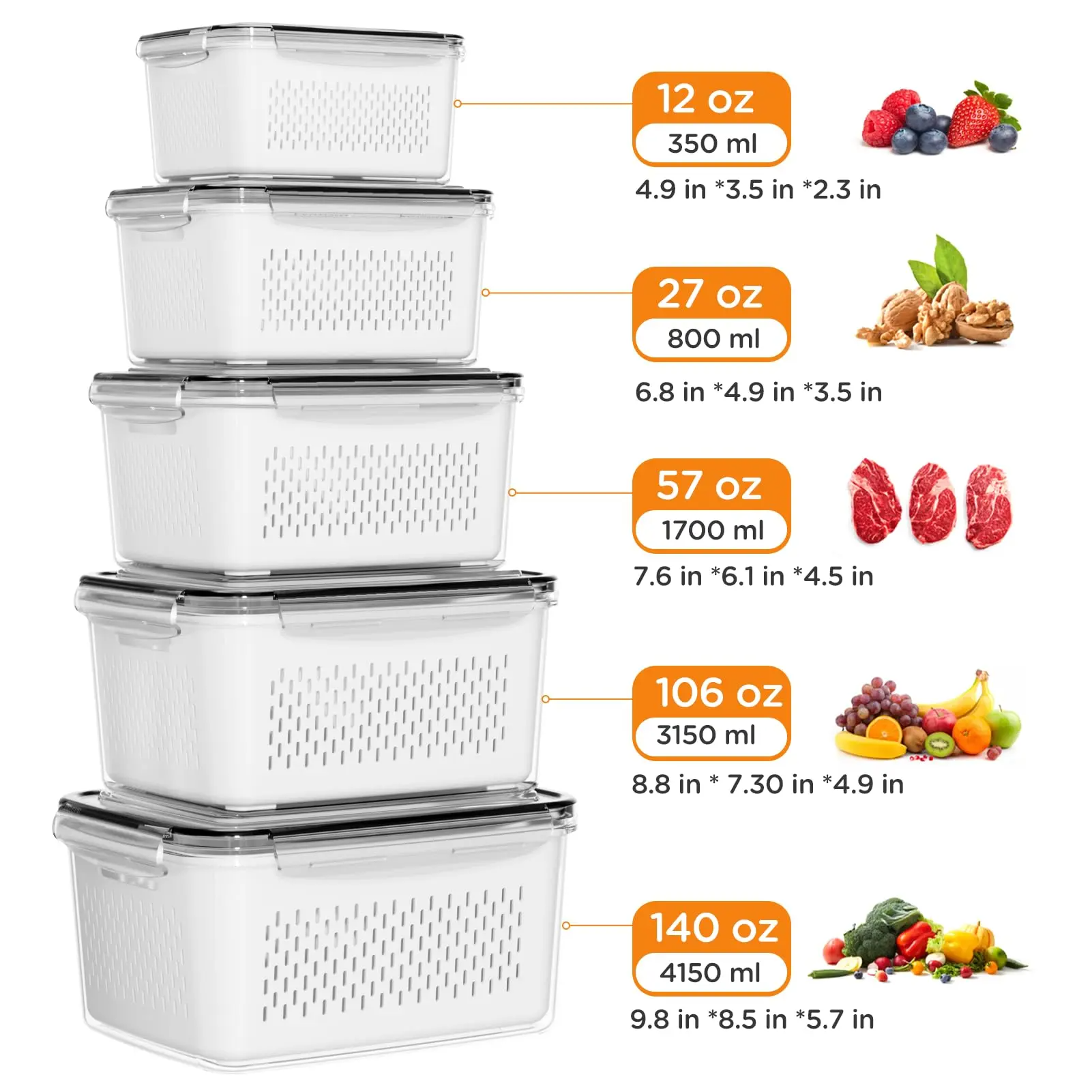 5-Pack Fridge Organizer Containers with Removable Colander – Stackable BPA-Free Food Storage for Fruits, Veggies & Meat