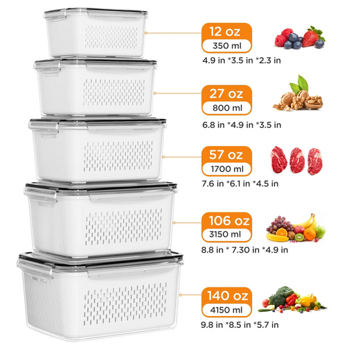 5-Pack Fridge Organizer Containers with Removable Colander – Stackable BPA-Free Food Storage for Fruits, Veggies & Meat