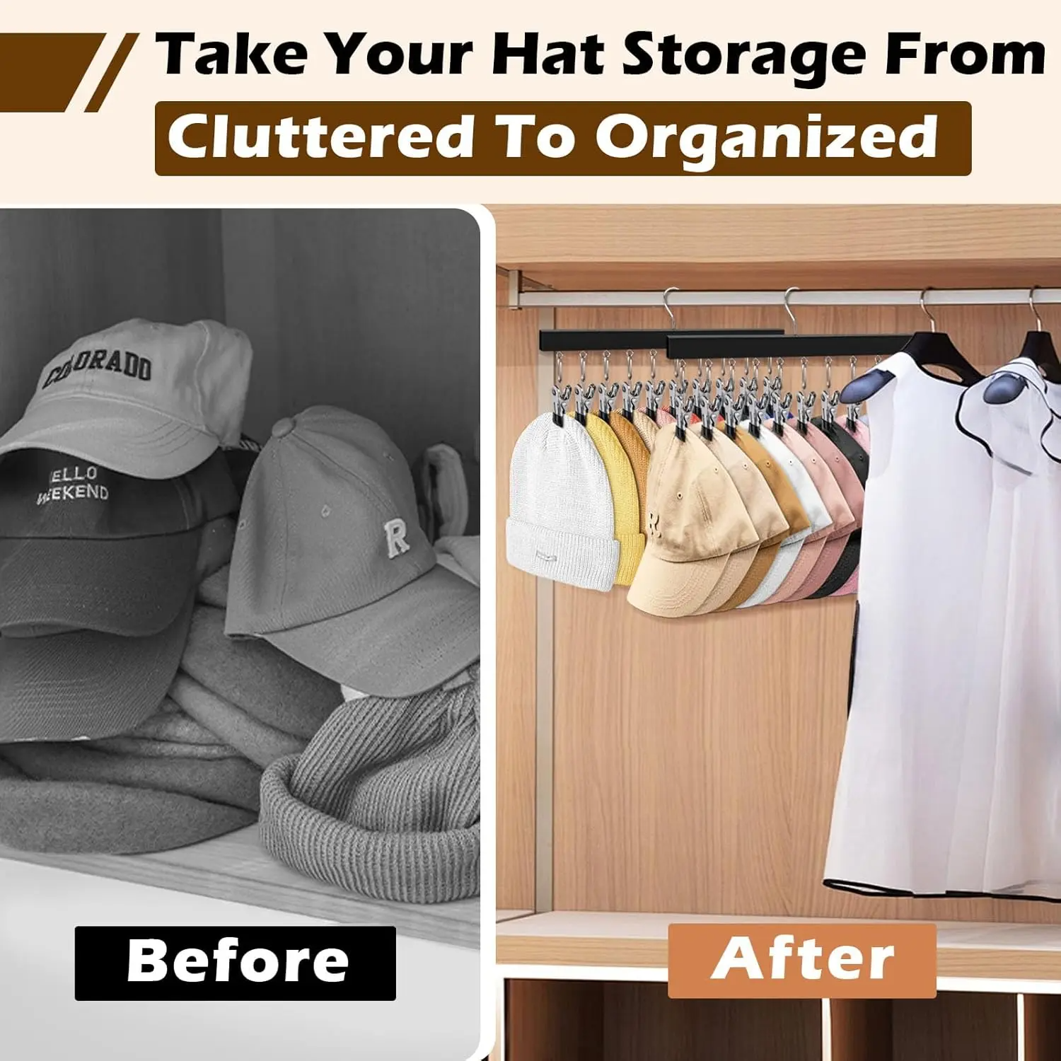 Wooden Hat Organizer with Stainless Steel Clips – Multi-Pack for Baseball Caps, Jeans & Yoga Pants