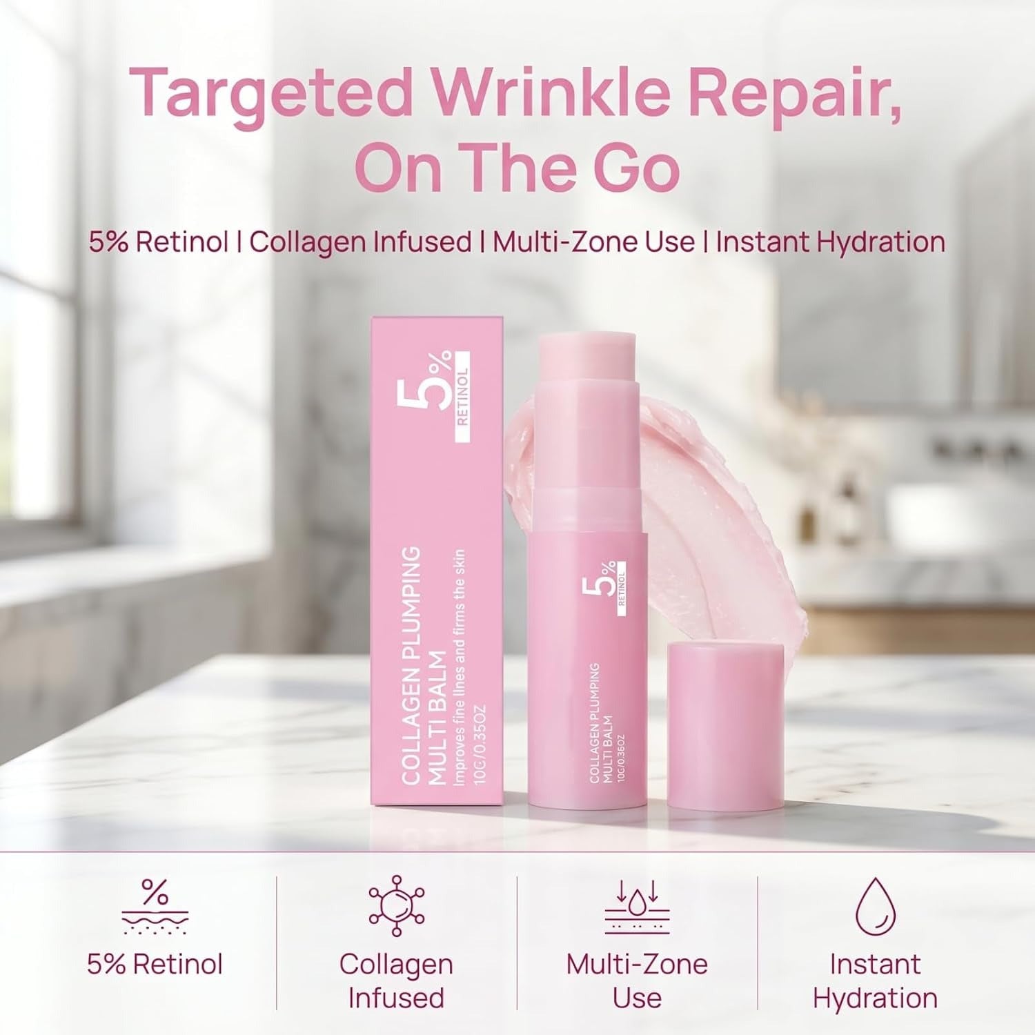 Pink Collagen Volume Multi Balm Stick, Collagen Plumping Balm, Retinol & Peptide