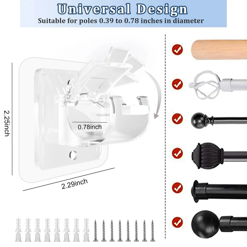 Curtain Rod Brackets with Clips – Transparent Adjustable Drapery Hooks & Rod Holders