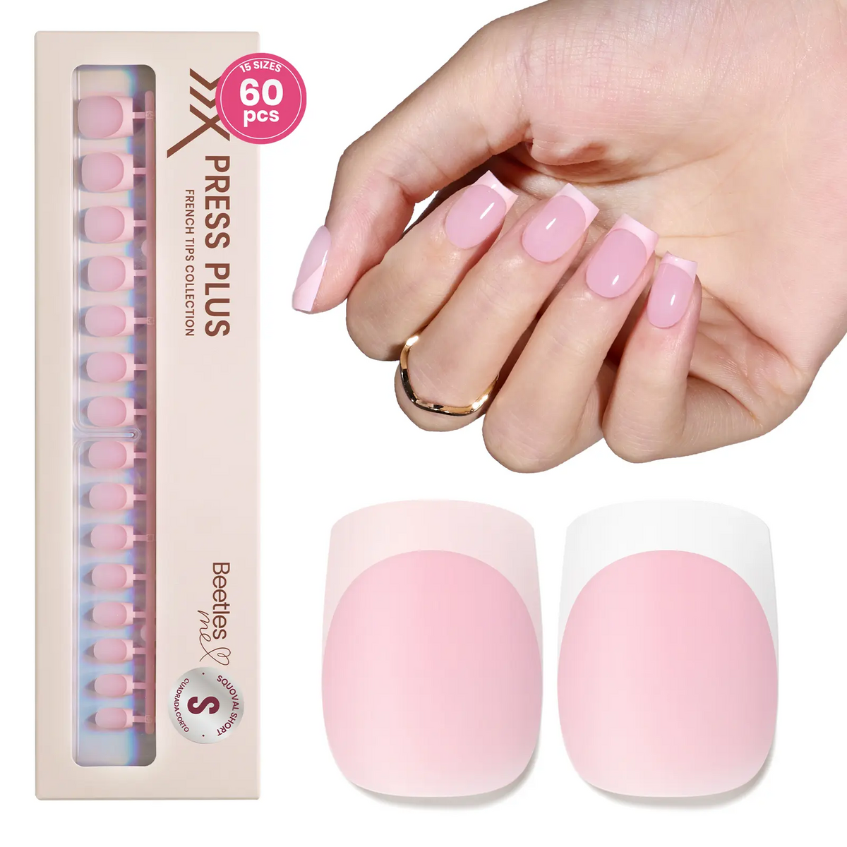 Beetles French Tip Square Press-On Nails, 60-Piece Set