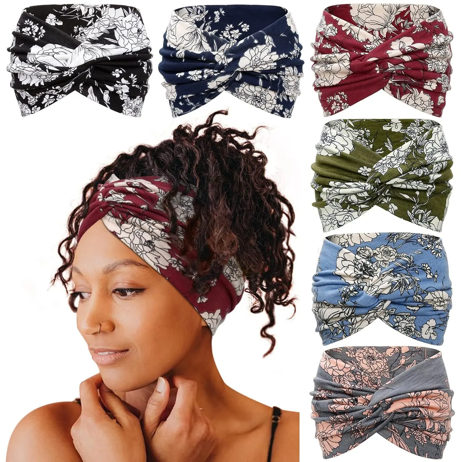 6-Pack Boho Wide Headbands for Women – Stretchy Non-Slip Workout & Yoga Hair Wraps