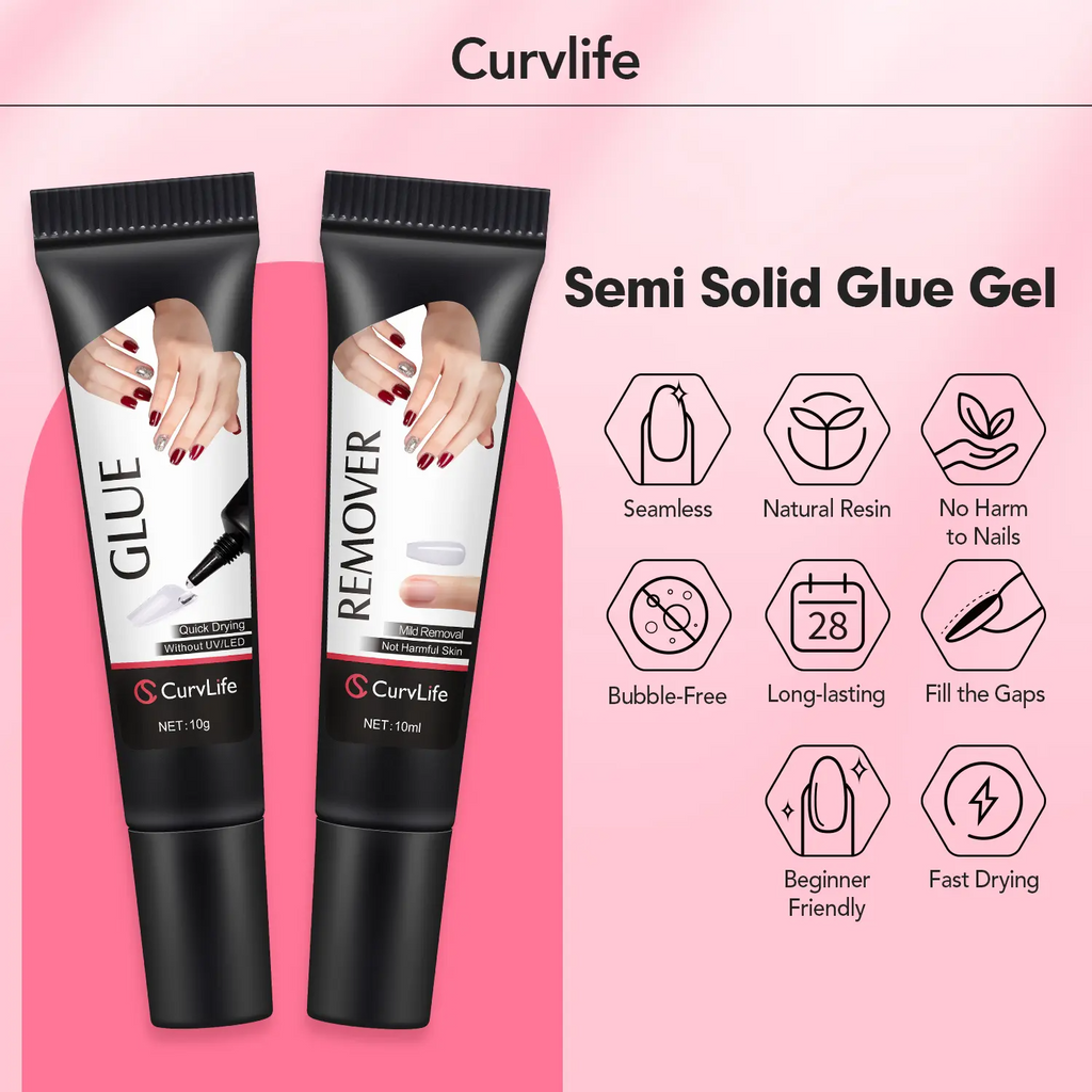 Semi-Solid Nail Glue & Remover Kit | 10-Second Quick Dry, No UV Lamp, Press-On Nails & Acrylic Tips