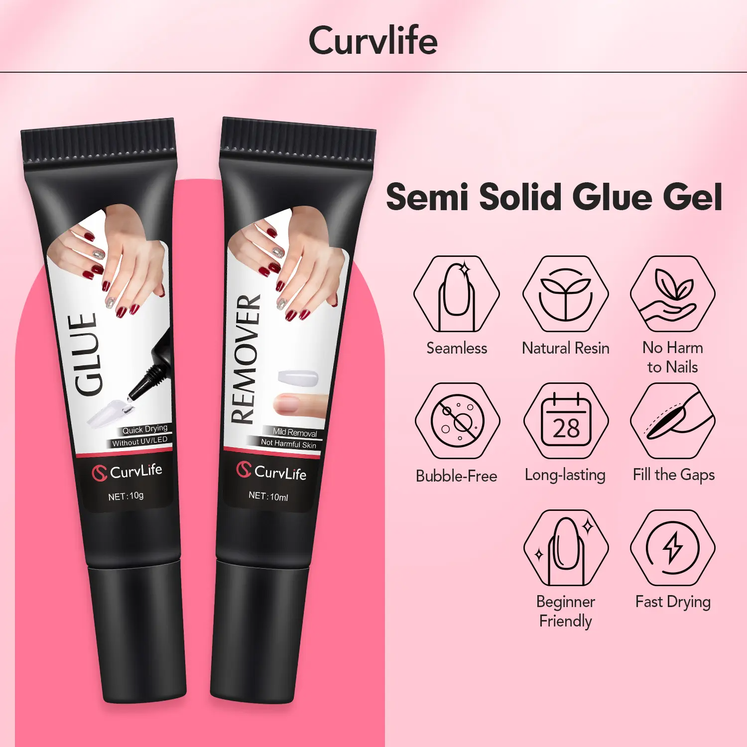 Semi-Solid Nail Glue & Remover Kit | 10-Second Quick Dry, No UV Lamp, Press-On Nails & Acrylic Tips