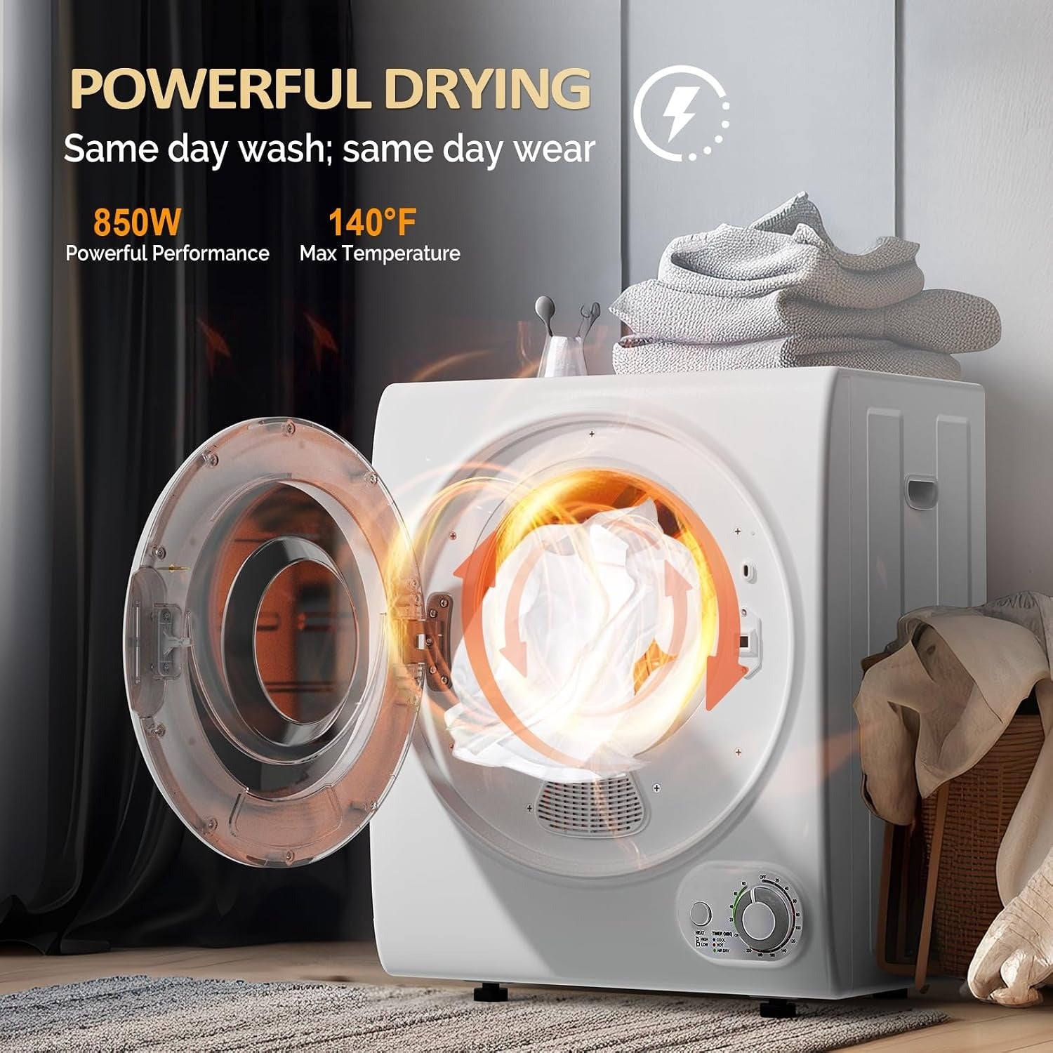 Portable Clothes Dryer – 110V Front Load Tumble Dryer with Stainless Steel Tub