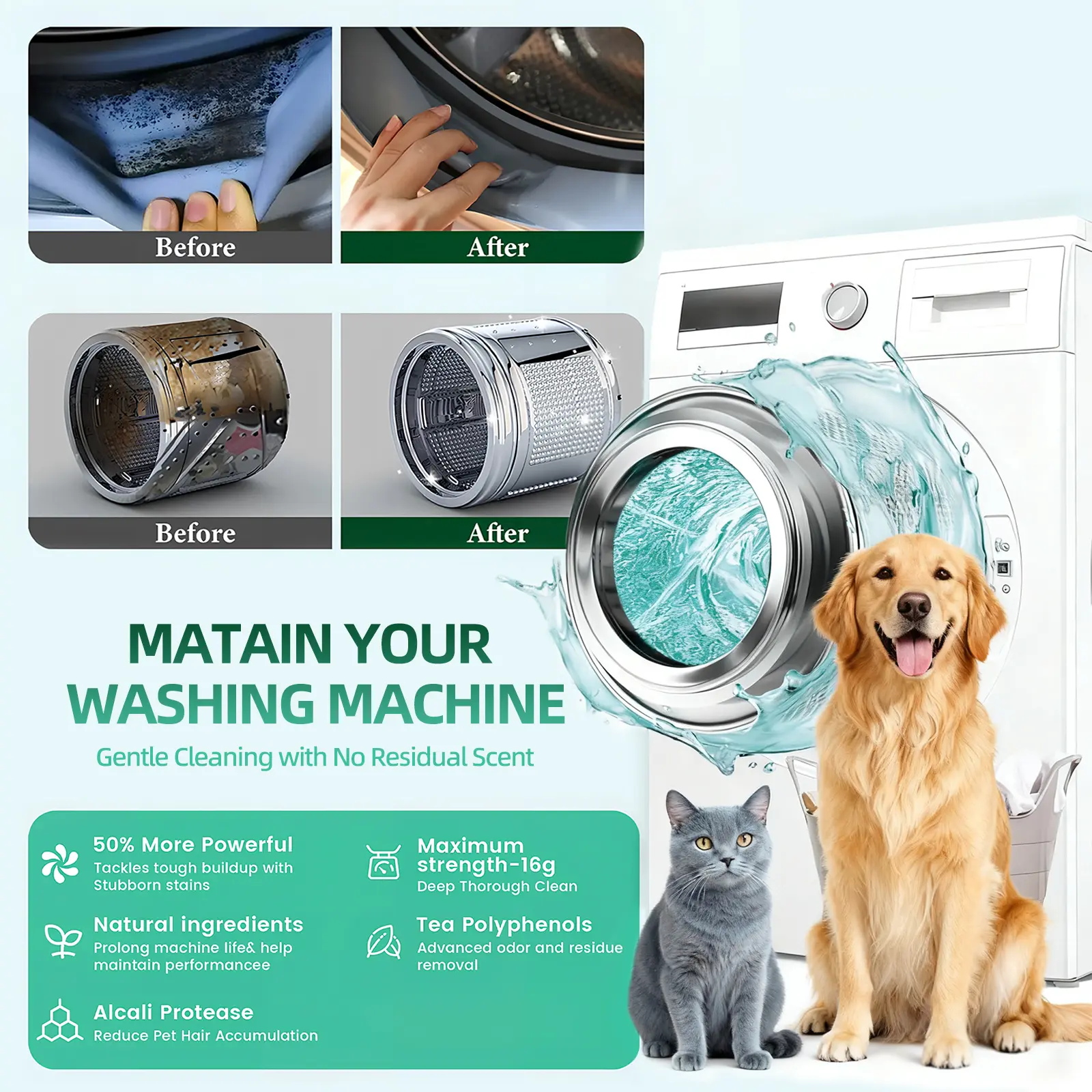 SOPAMI Washing Machine Cleaner Tablets | Pet-Safe Eco-Friendly Deep Clean, Neutralizes Odors & Hair Build-Up