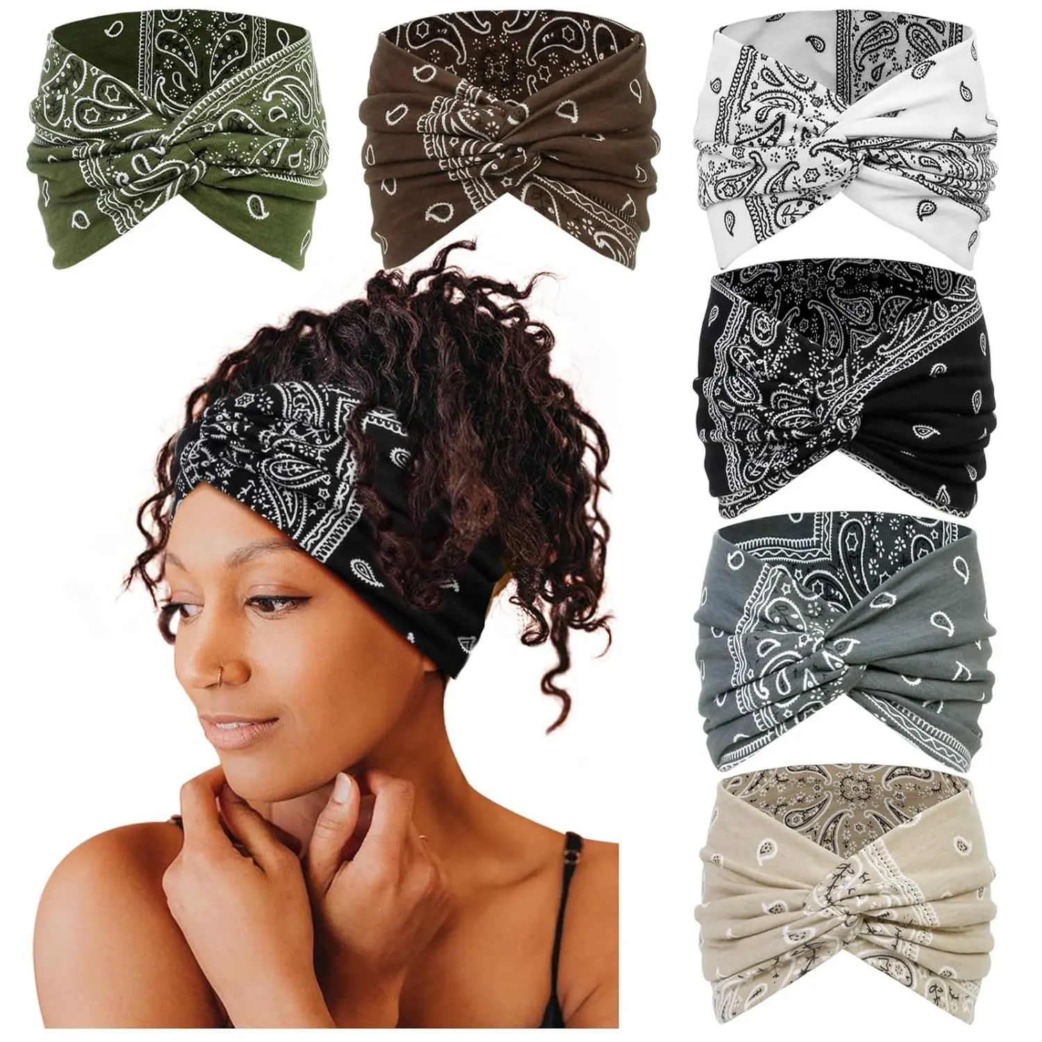 6-Pack Boho Wide Headbands for Women – Stretchy Non-Slip Workout & Yoga Hair Wraps