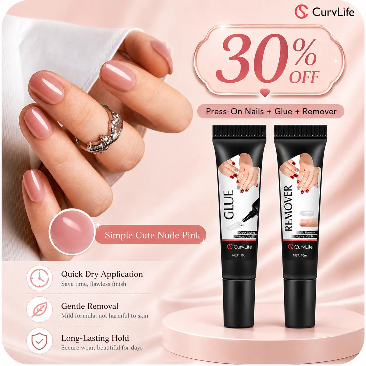 Semi-Solid Nail Glue & Remover Kit | 10-Second Quick Dry, No UV Lamp, Press-On Nails & Acrylic Tips