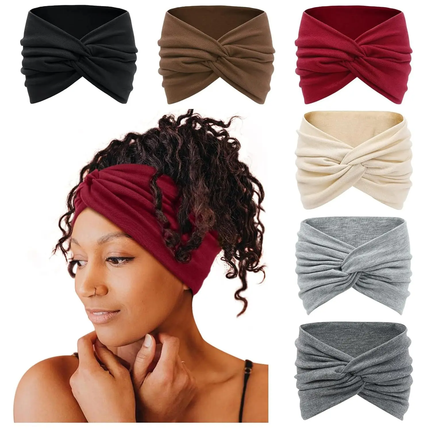 6-Pack Boho Wide Headbands for Women – Stretchy Non-Slip Workout & Yoga Hair Wraps