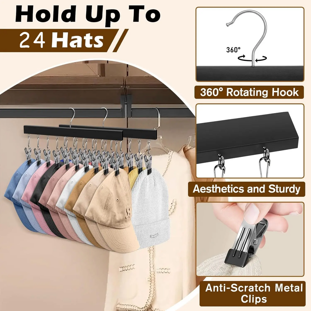 Wooden Hat Organizer with Stainless Steel Clips – Multi-Pack for Baseball Caps, Jeans & Yoga Pants