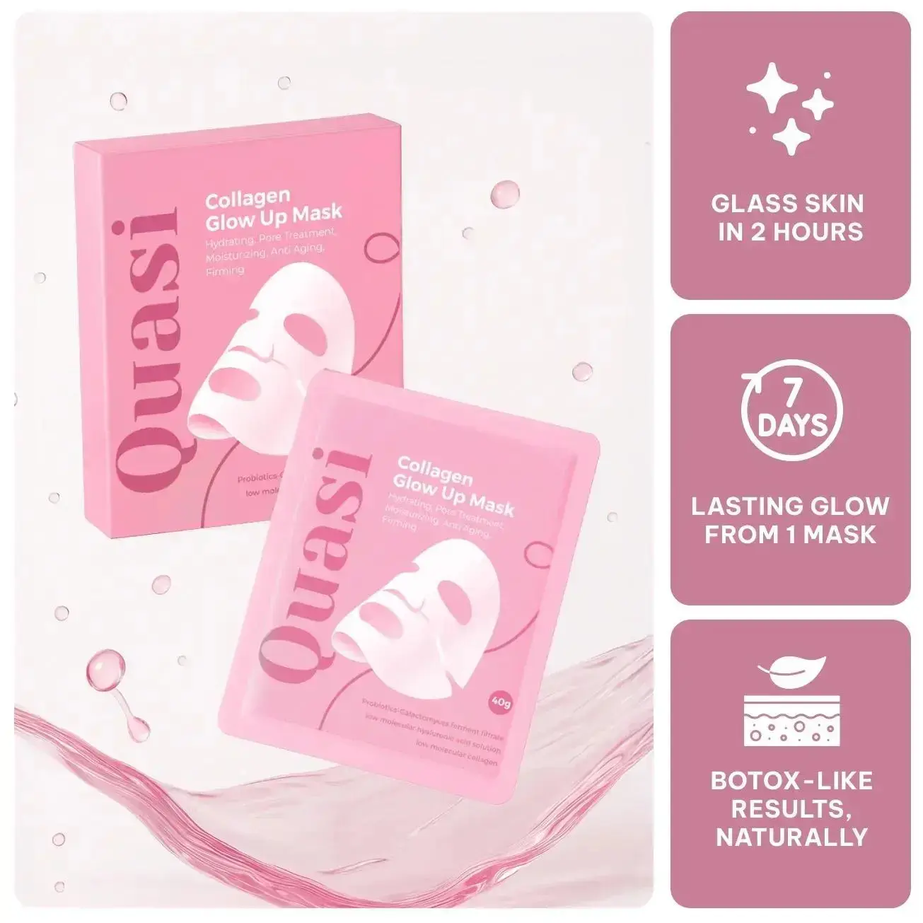 Quasi BioCollagen Face Mask, Firm Skin Deep HydratingMasks for Wrinkle Reduction and PoreMinimization - Glow like Glass Skin (2 Box × 8Pcs)
