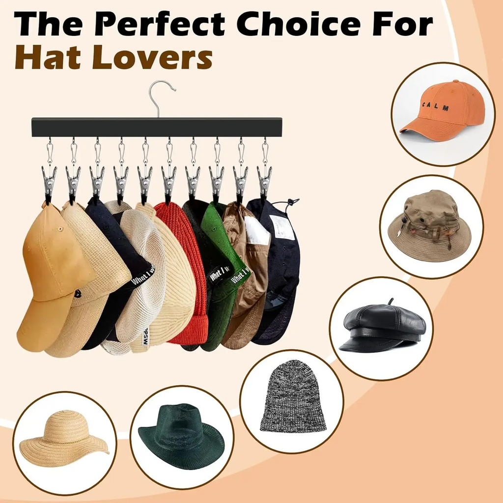 Wooden Hat Organizer with Stainless Steel Clips – Multi-Pack for Baseball Caps, Jeans & Yoga Pants