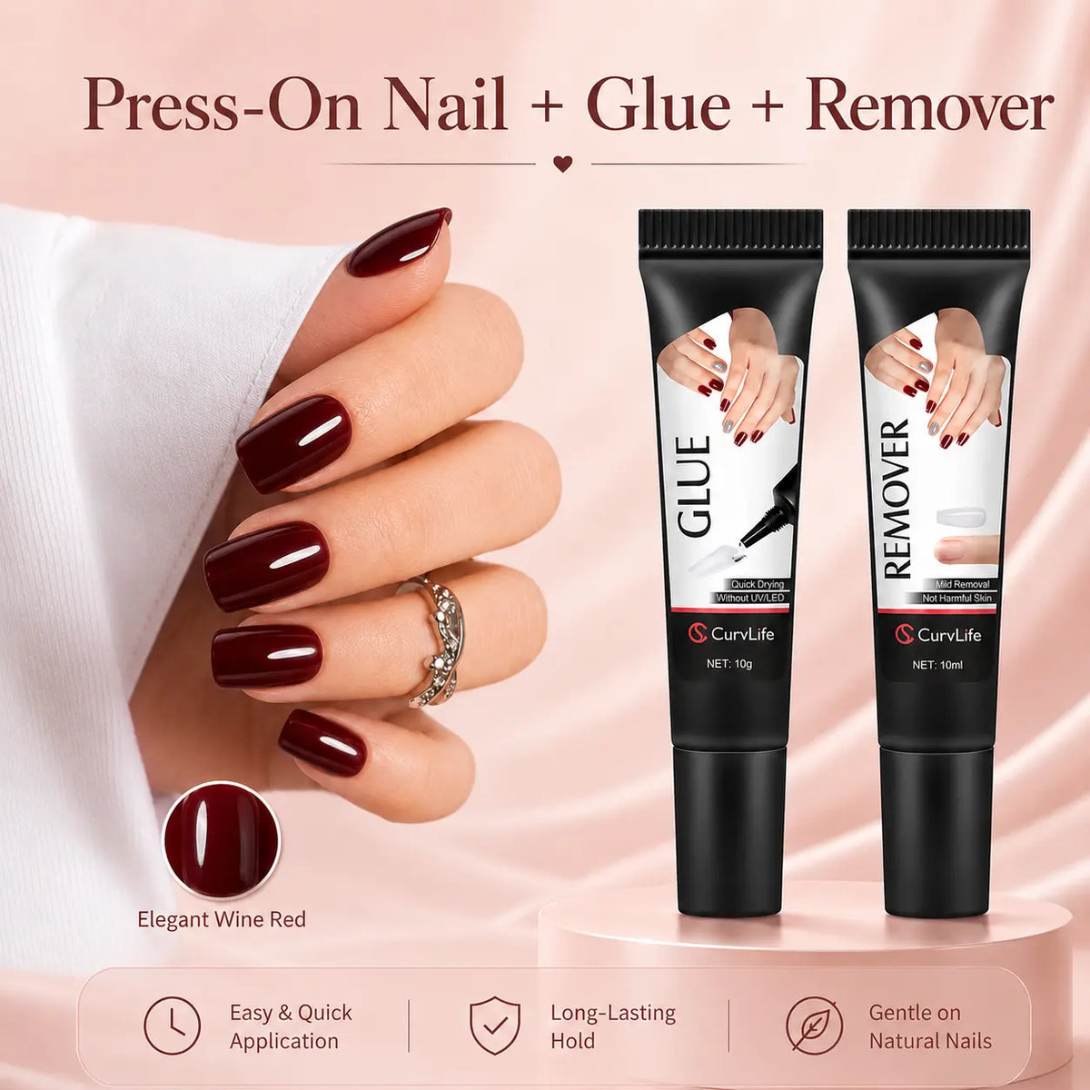 Semi-Solid Nail Glue & Remover Kit | 10-Second Quick Dry, No UV Lamp, Press-On Nails & Acrylic Tips