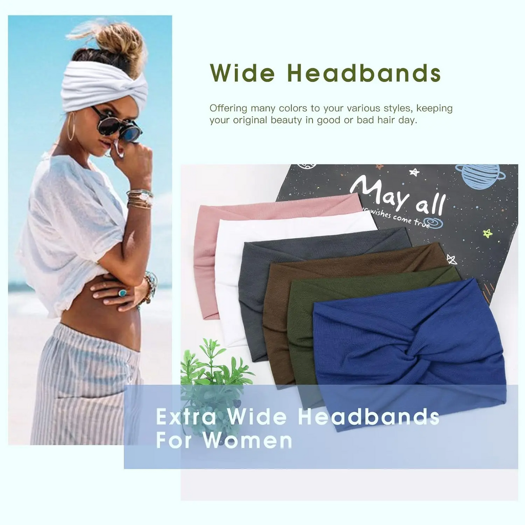 6-Pack Boho Wide Headbands for Women – Stretchy Non-Slip Workout & Yoga Hair Wraps