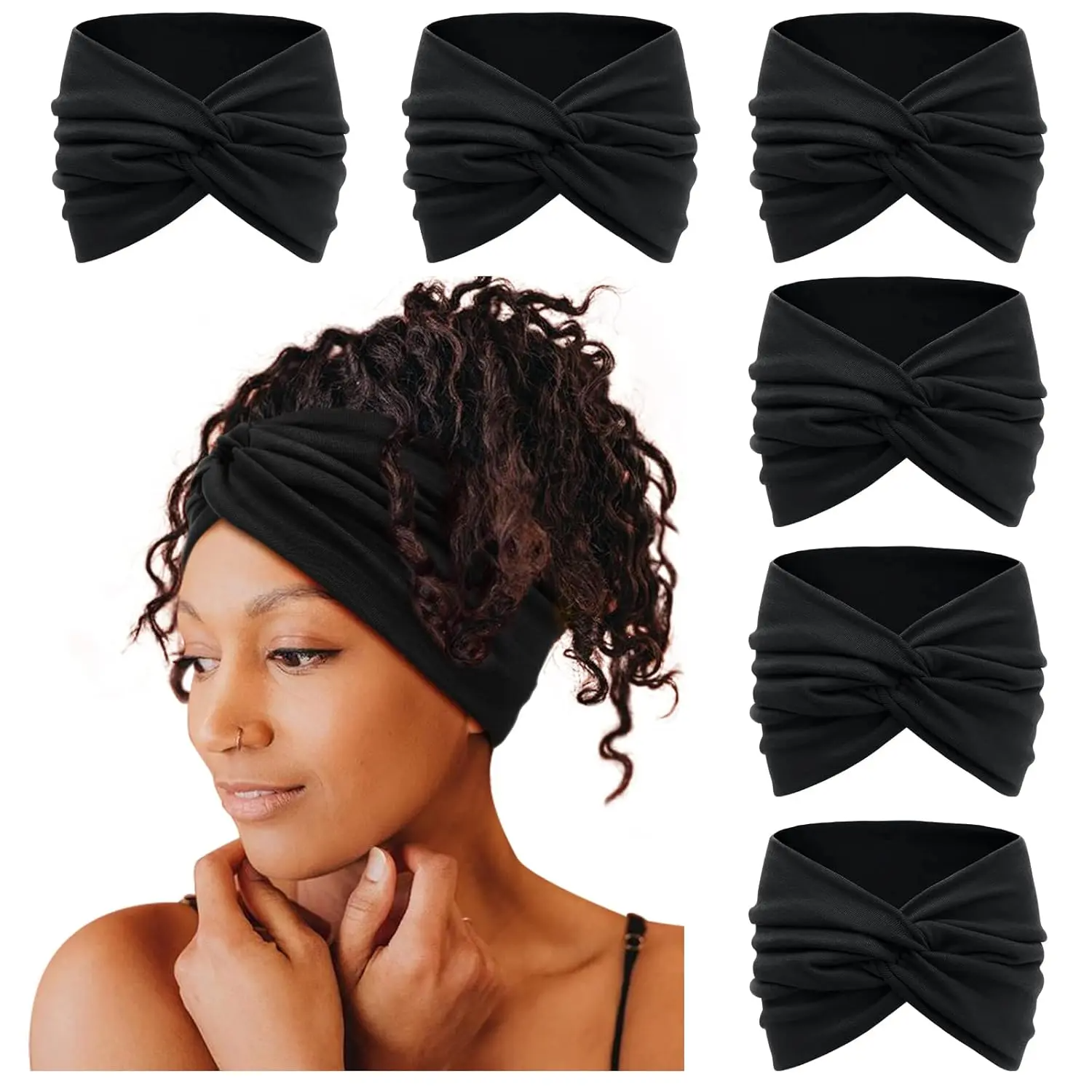 6-Pack Boho Wide Headbands for Women – Stretchy Non-Slip Workout & Yoga Hair Wraps