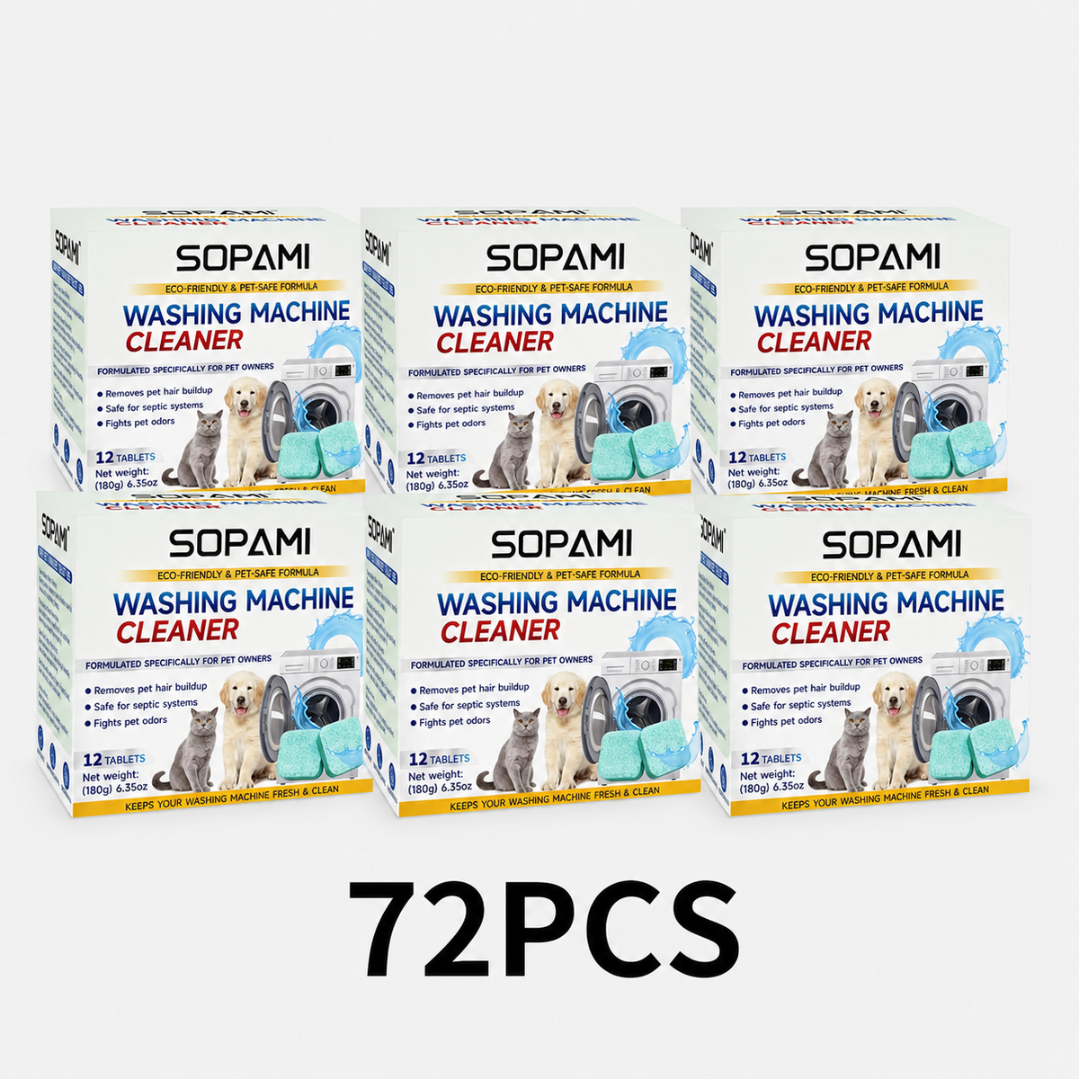 SOPAMI Washing Machine Cleaner Tablets | Pet-Safe Eco-Friendly Deep Clean, Neutralizes Odors & Hair Build-Up