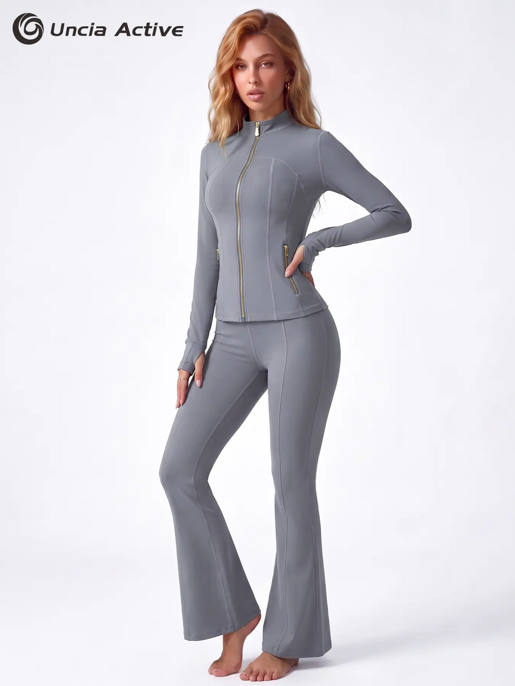 Women's Soft Brushed Sporty Tracksuit Set | Gold Zipper Jacket & 25'' Inseam Leggings with Thumbholes