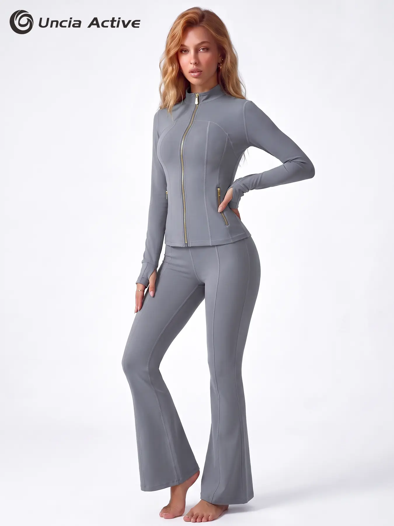 Women's Soft Brushed Sporty Tracksuit Set | Gold Zipper Jacket & 25'' Inseam Leggings with Thumbholes