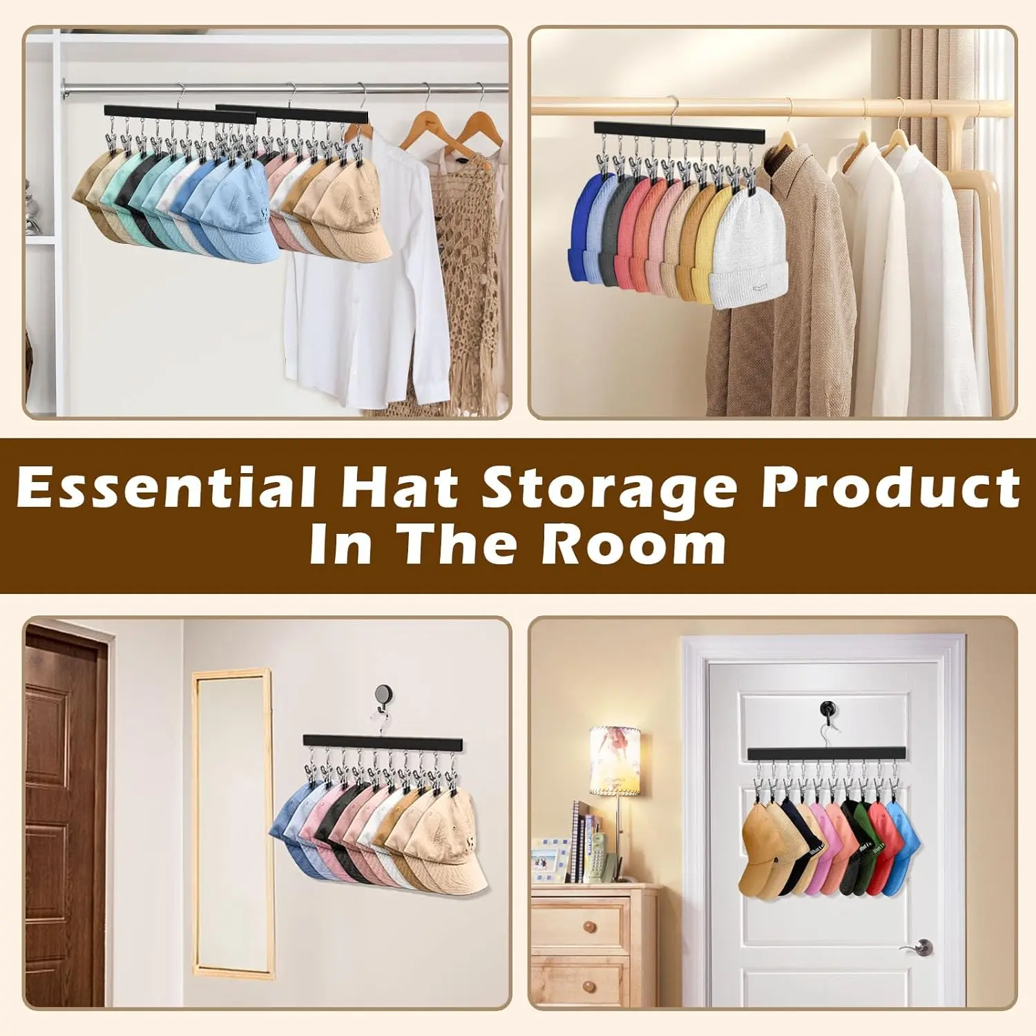 Wooden Hat Organizer with Stainless Steel Clips – Multi-Pack for Baseball Caps, Jeans & Yoga Pants