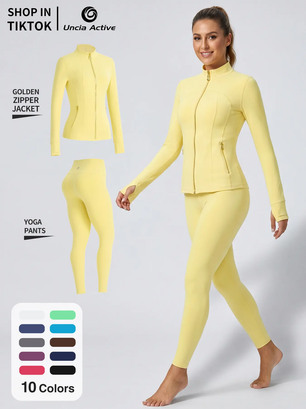 Women's Soft Brushed Sporty Tracksuit Set | Gold Zipper Jacket & 25'' Inseam Leggings with Thumbholes