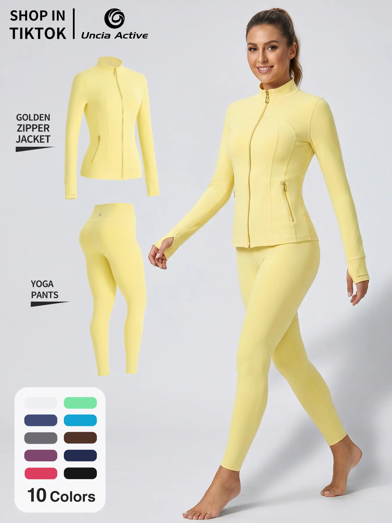 Women's Soft Brushed Sporty Tracksuit Set | Gold Zipper Jacket & 25'' Inseam Leggings with Thumbholes