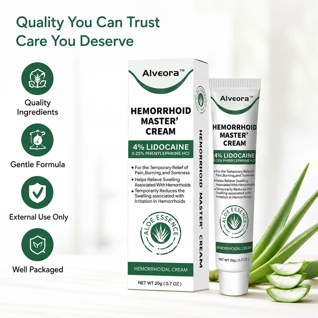 Alveora Hemorrhoidal Cream with Lidocaine & Aloe Vera – Soothing Relief for Hemorrhoid Discomfort & Itching