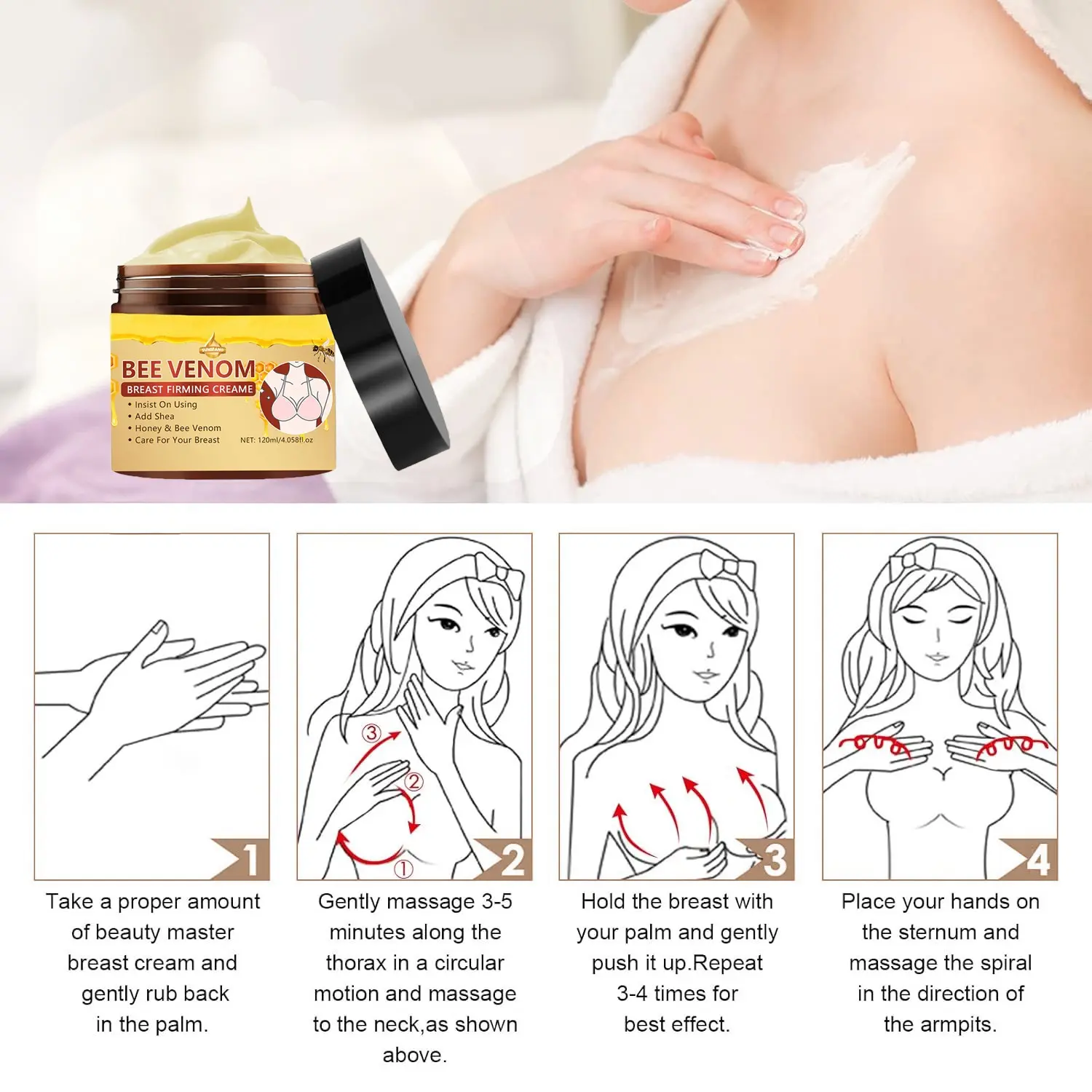 Nourishing Chest and Body Lotion with Shea Butter and Bee Venom Extract, Massage Cream Moisturizer for Women, 120 ml